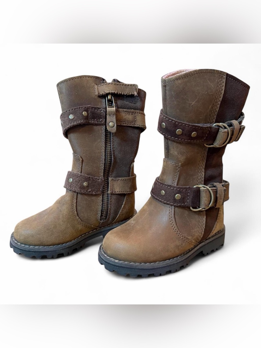 Timberland Brown Leather Kids Buckle & Zipper Mid-Calf Boots Girls 6.5